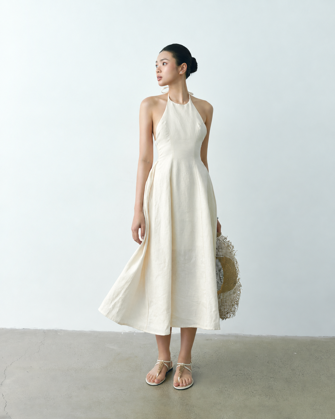 Ivory Linen Halter Midi Dress