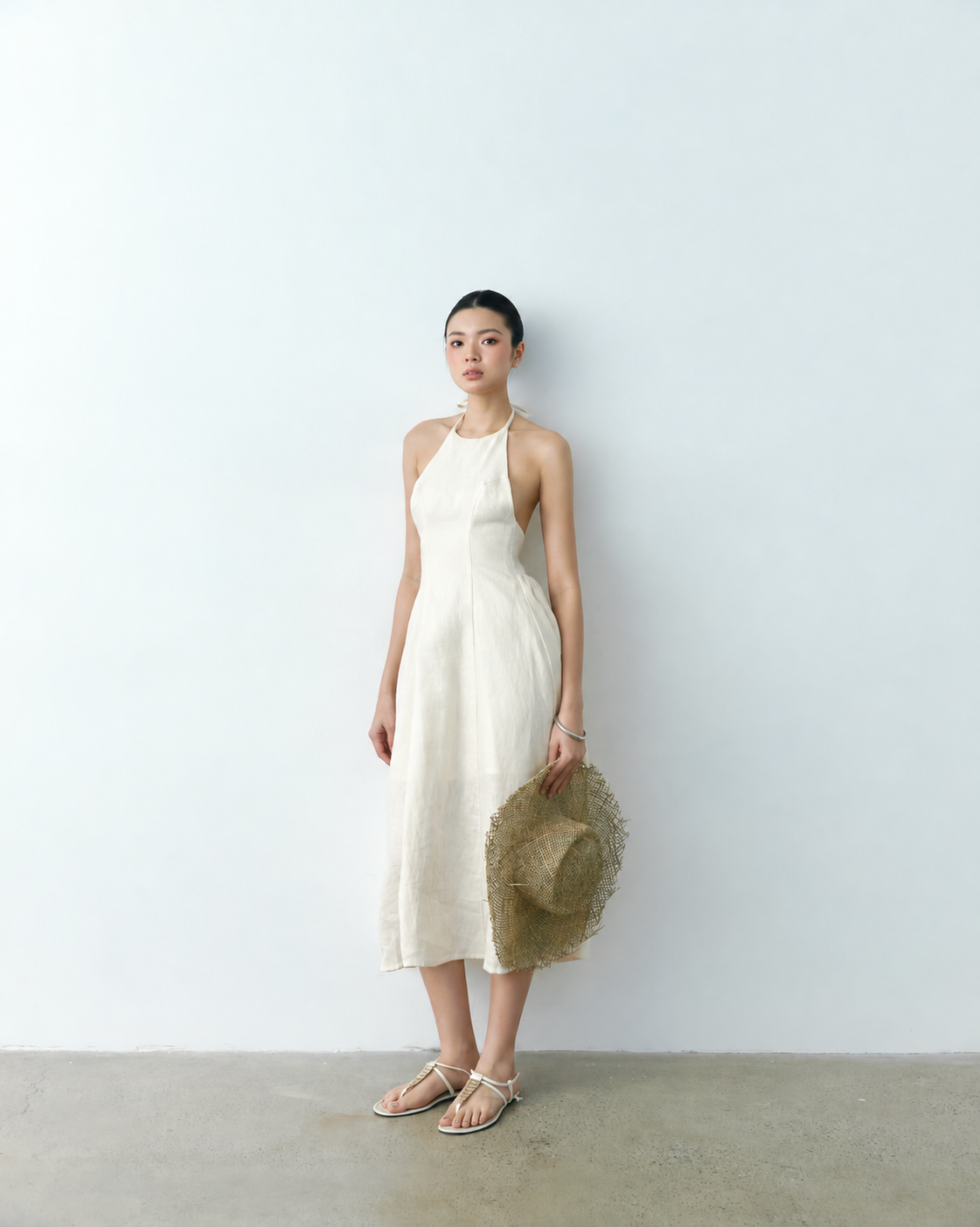 Ivory Linen Halter Midi Dress